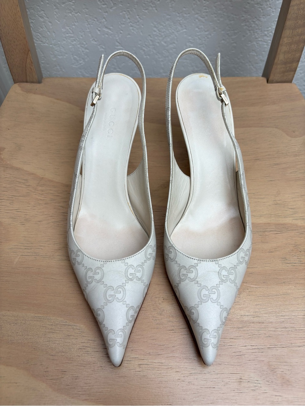 Gucci Tom Ford Era White Leather Slingback Kitten Heels GG Guccisima Pointed Toe - Picture 3 of 8